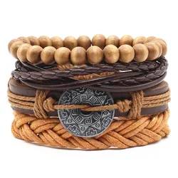 New Casual Weave Multilayer Football Words Charm Men Black Brown Leather Bracelets Female Women Homme Jewelry 4 pcs/Set