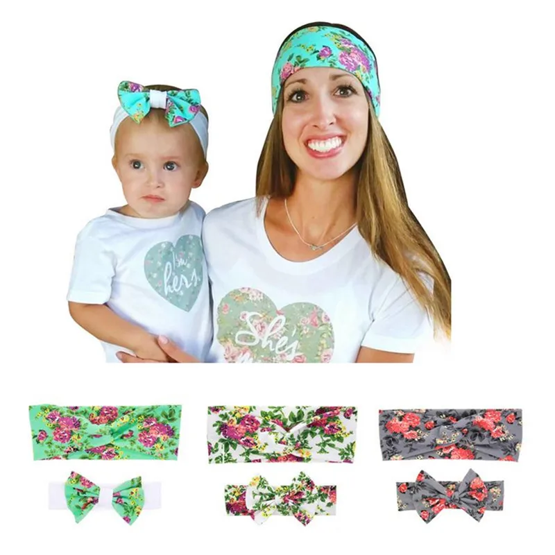 

2PCS/SET Mom and Me Headband Flora Printing Mother and Daugther Matching Bow Knot Cotton Headband Photo Props Birthday Gift