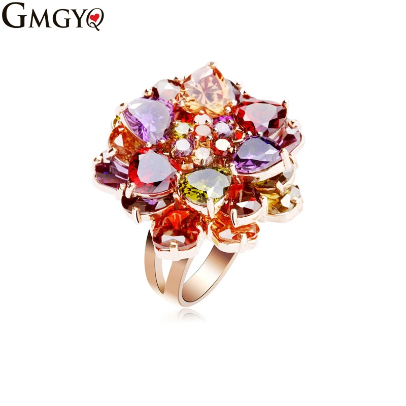 GMGYQ Mona Lisa Activiteit Bloemblaadje Cubic Zircon Crystal Stone Wedding Ring voor Vrouwen Multicolor Rose Goud-kleur Sierade