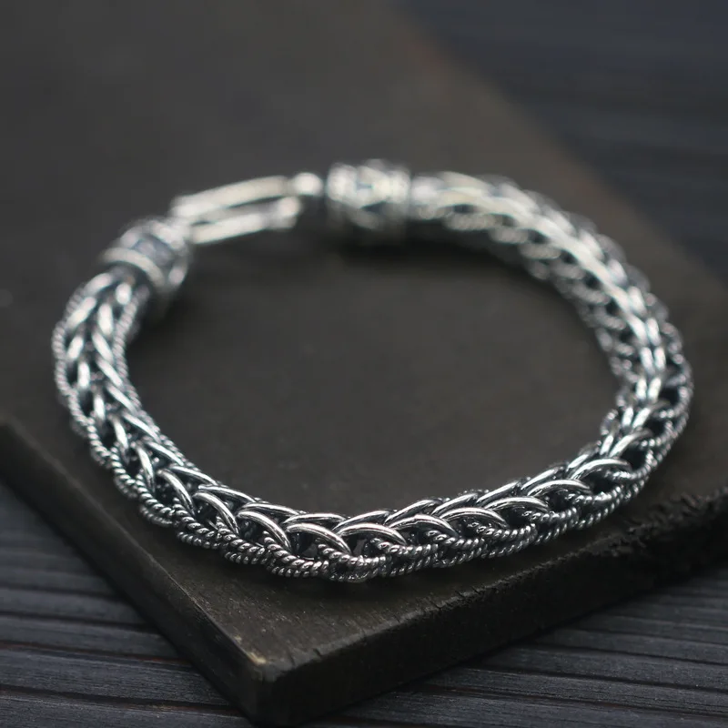 

S925 Sterling Silver Hemp Flower Hand-made Snake Bone Bracelet Thai Silver Retro 8mm Men's Rough Personality Trend Bracelet