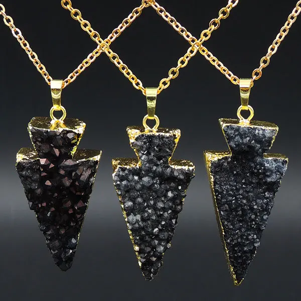 Black Crystal Druzy Arrow Pendant Necklace Gold Plated Approx 50*25mm