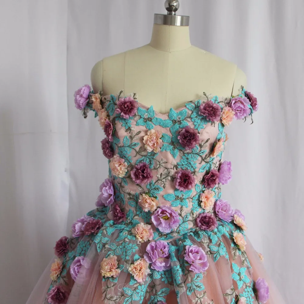 Vestido de baile de princesa de manga corta con apliques de flores en 3D, hombros descubiertos de diseñador, vestido de baile de graduación