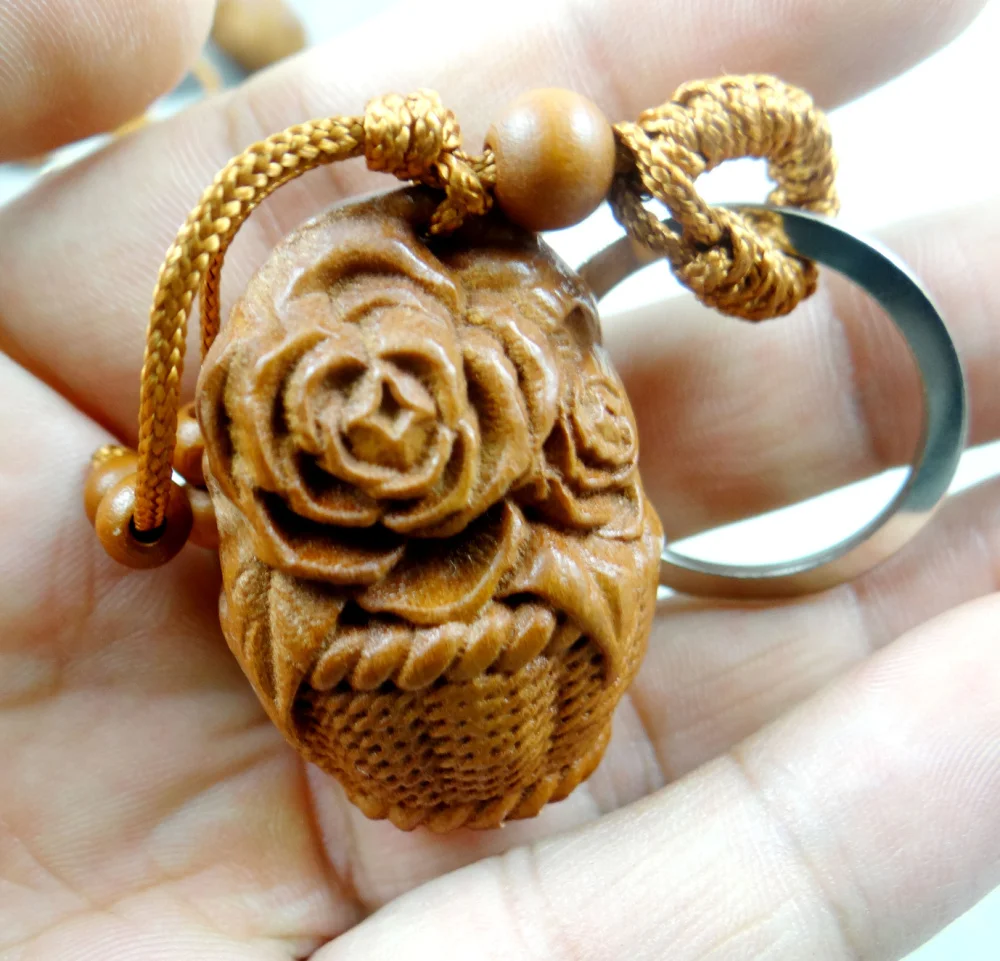 Natural mahogany three-dimensional engraving Flower basket keychain Buddha key ring jewelry gift for men and women 1pc