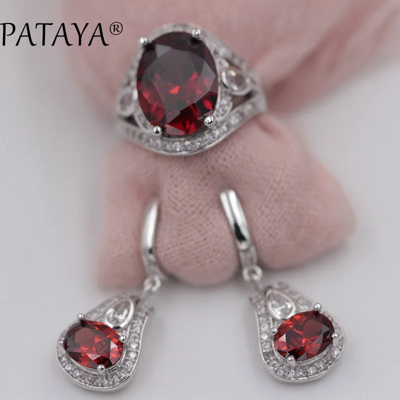 PATAYA New Multicolor Oval Natural Zirconia Earrings Ring Sets Women Romantic Wedding True White Gold Color India Jewelry Set