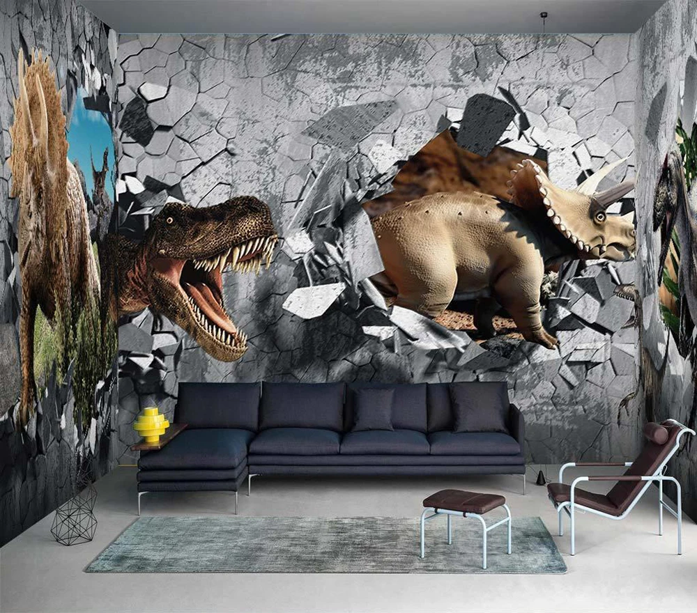 Decorative wallpaper 3D dinosaurs break through the wall background wall painting