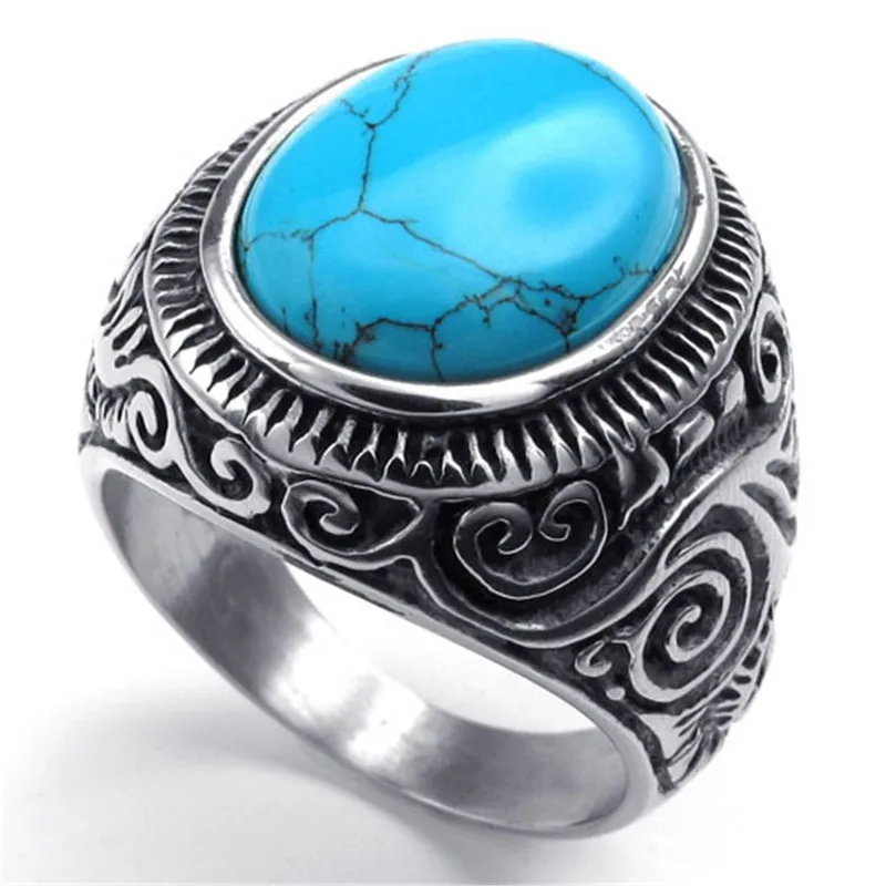 Men\'s Oval Gem Stone Stainless Steel Finger Ring US Size 7/8/9/10/11/12/13/14/15