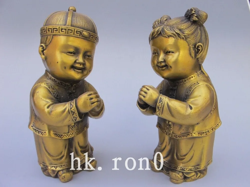 A Pair of Chinese feng shui wealth brass funny boys and girls auspicious Statues