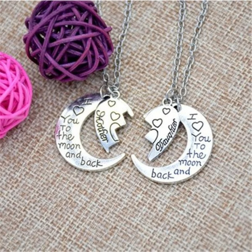 2Pcs I Love You to the Moon and Back Mother Daughter Heart Necklace Pendant Gift