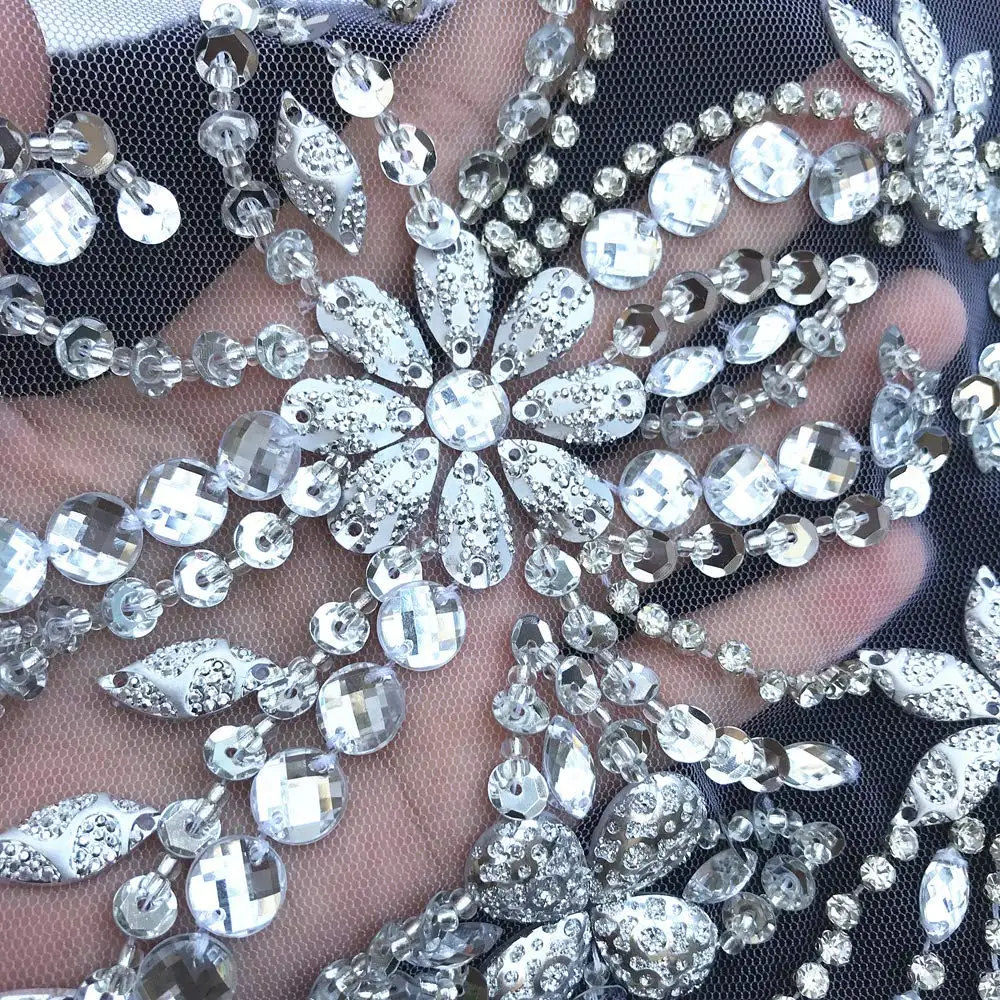 Hot Silver 31x57cm Hand Beaded Crystal Rhinestone Sewing Wedding Applique Sequin Patches For Costume Clothes Evening Star Dress