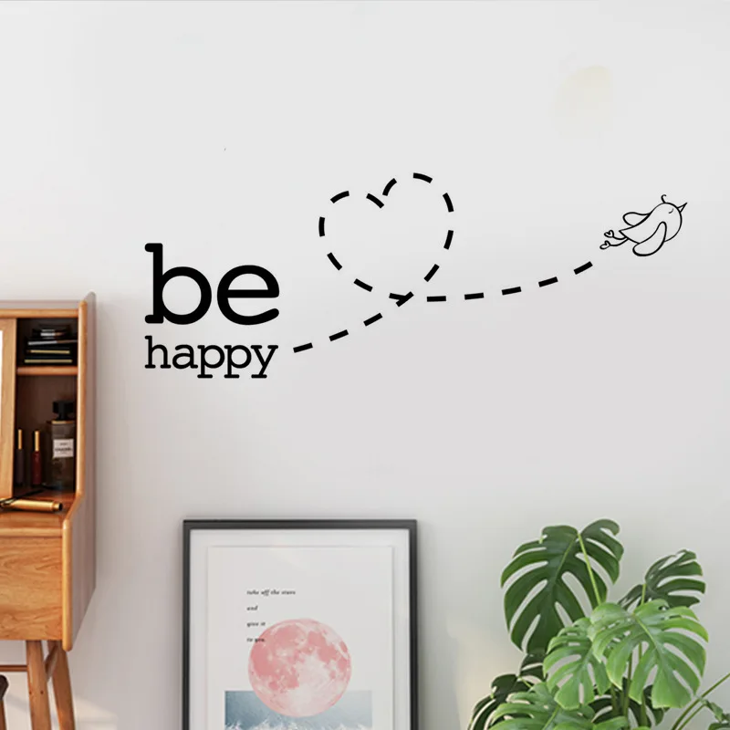 Be Happy Flying Bird Heart Wall Sticker For Kids Room Bedroom Decoration Home Art Decals Wallpaper Removable Stickers