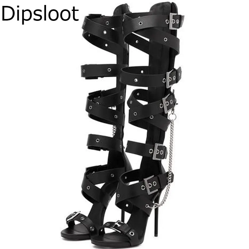 Summer Ladies Chains Pedant Metal Buckle Cross strap Knee Sandals Boots Stiletto High Heels Women Sexy Hollow Out Long Botas