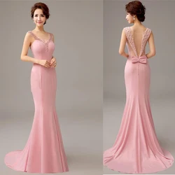 Pretty 2023 New Pink Mermaid Bridesmaid Dresses with Pearls and Bow Formal Evening Gowns Long Party Dresses with Train Vestido