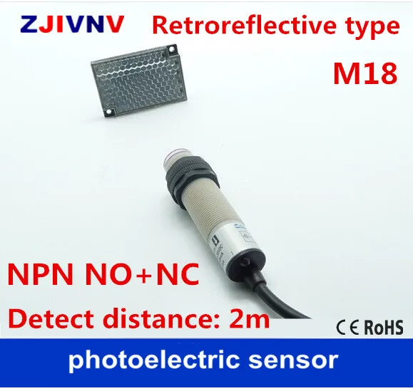 

Retroreflective type NPN NO+NC DC10-30V 4 wires M18 photoelectric sensor switch with mirror reflector, distance 2m Ce approval