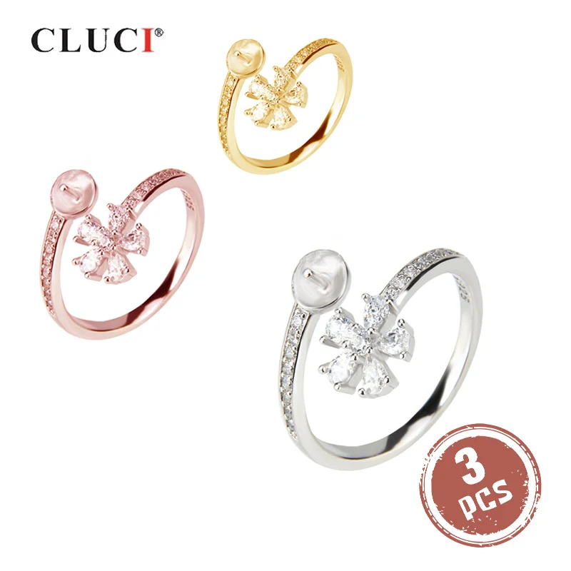 

CLUCI 3pcs Simple Silver 925 Flower Pearl Ring Mounting Open Women Zircon Wedding Engagement Ring Jewelry SR2033SB