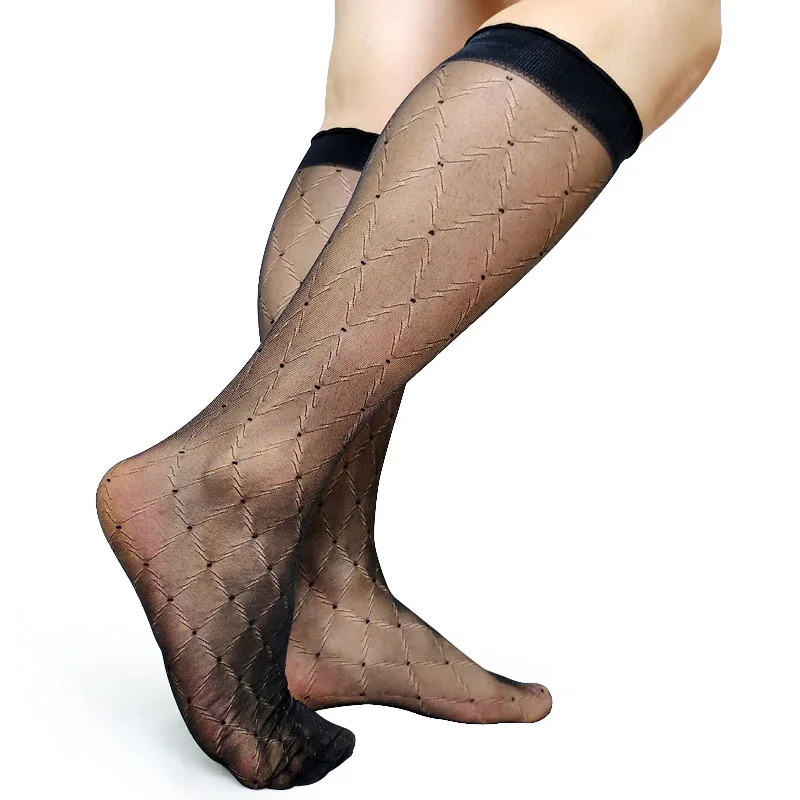 High Quality Mens Softy Nylon Silk Socks Transparent Plaid Sheer Sexy Gay Male Stocking Fetish Collection Tube Hose Stockings