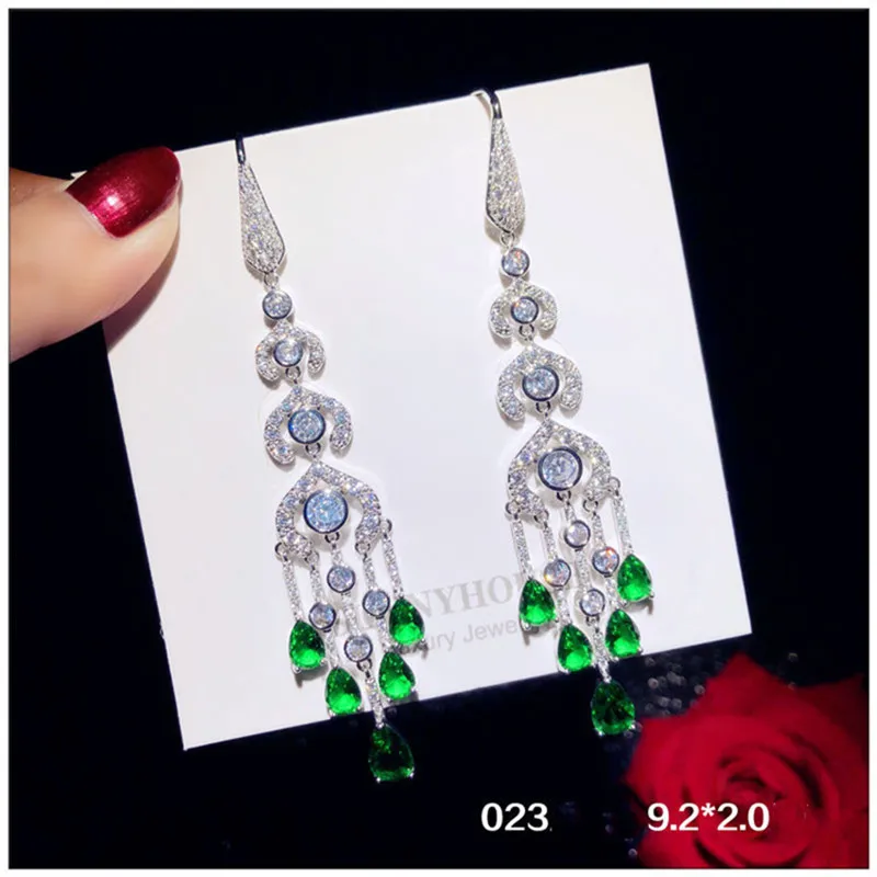 S925 Sterling Drop Earring For Women Vintage Created Emerald Fine Jewelry Long Cubic Zirconia Eardrop Trendy Temperament Brincos 5