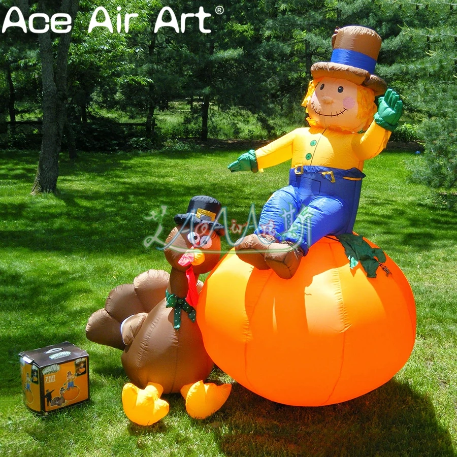 

New Design Inflatable Turkey Model and Farmer Sitting Pumpkin Combination Advertising For Thanksgiving Day