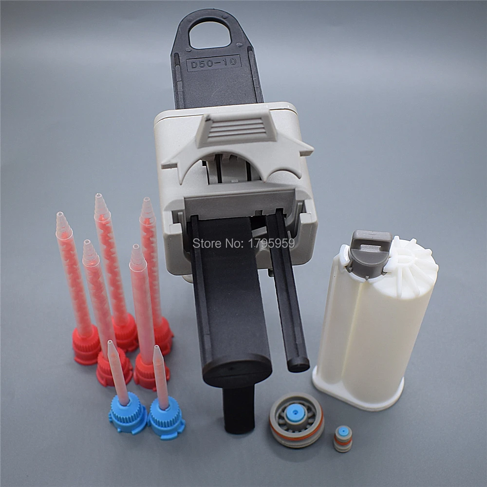 50ml AB pistola per colla 10:1 Dispenser per pistola per calafataggio con 50ml 1: 1 cartuccia vuota a doppio barilotto e Set di ugelli per miscelazione statica 7pc 10:1 AB
