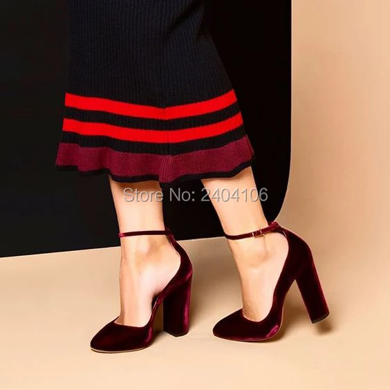 High Quality Chaussure Femme Talon Ankle Strap Block High Heels Elegant Party Dress Shoes Woman Burgundy Black Pink Velvet Pumps