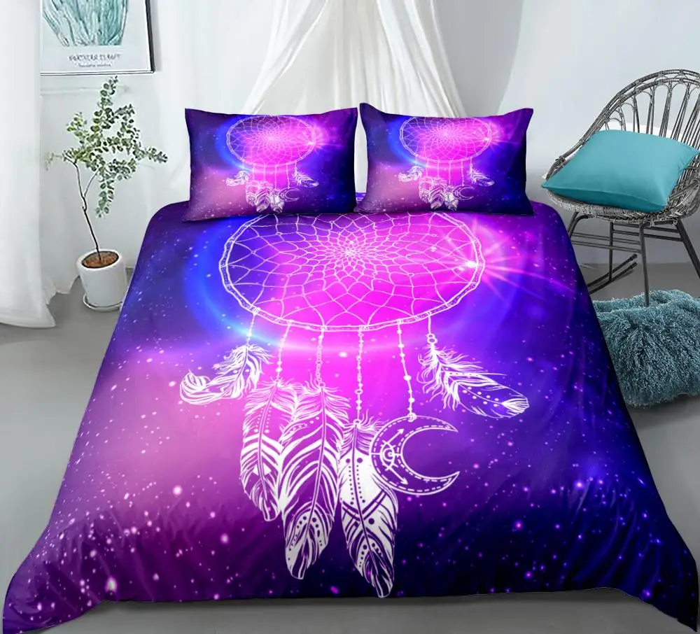 3D Dream Catcher Bedding Set Boho Starry Sky Duvet Cover Set Purple Bohemia Bed Set with Pillowcase Dreamland Digital Printing