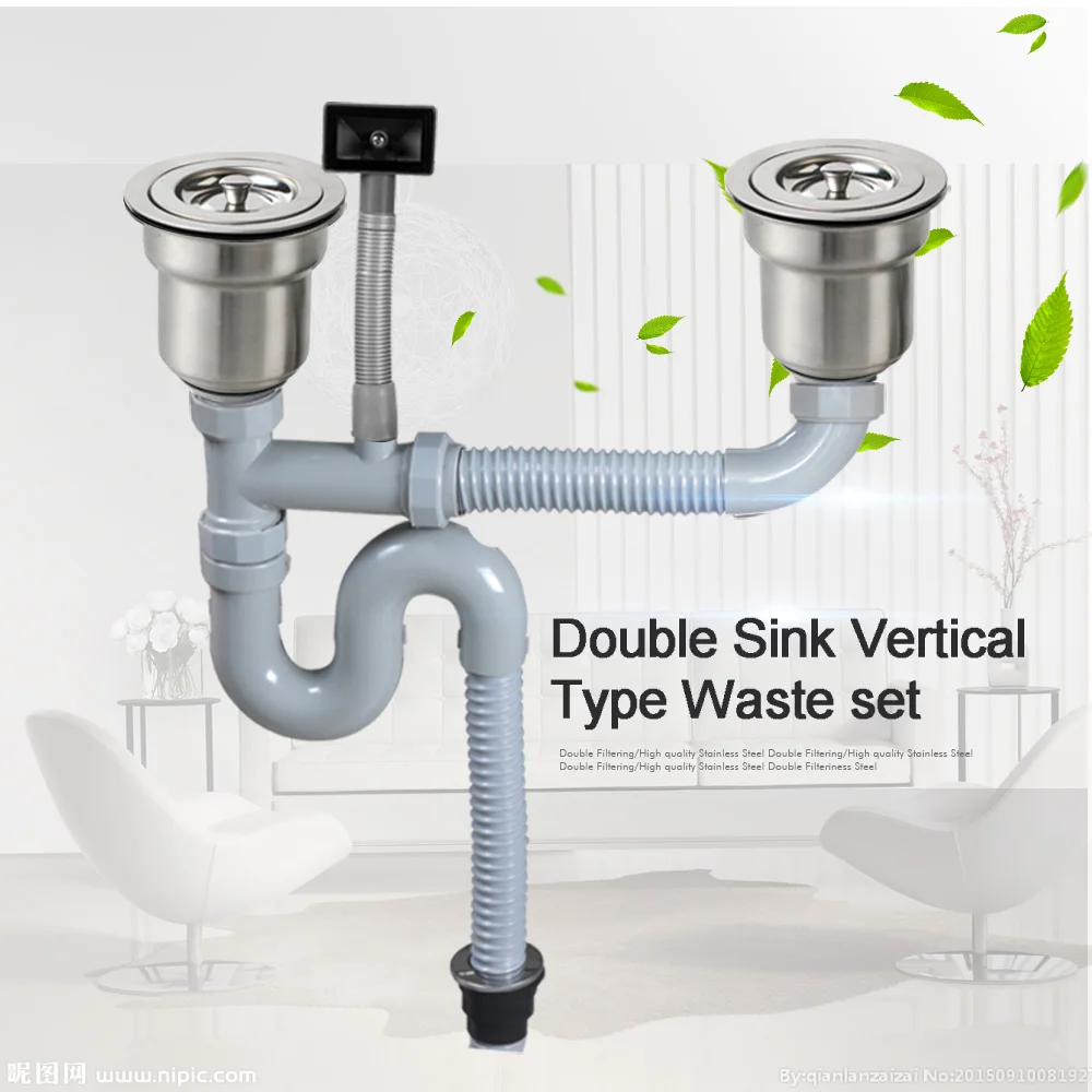 Talea Double Sink Vertical Type with overflow Pipe kit basin Waste set Sink Strainer Disposer Drain hose Plastic Flexible Flume