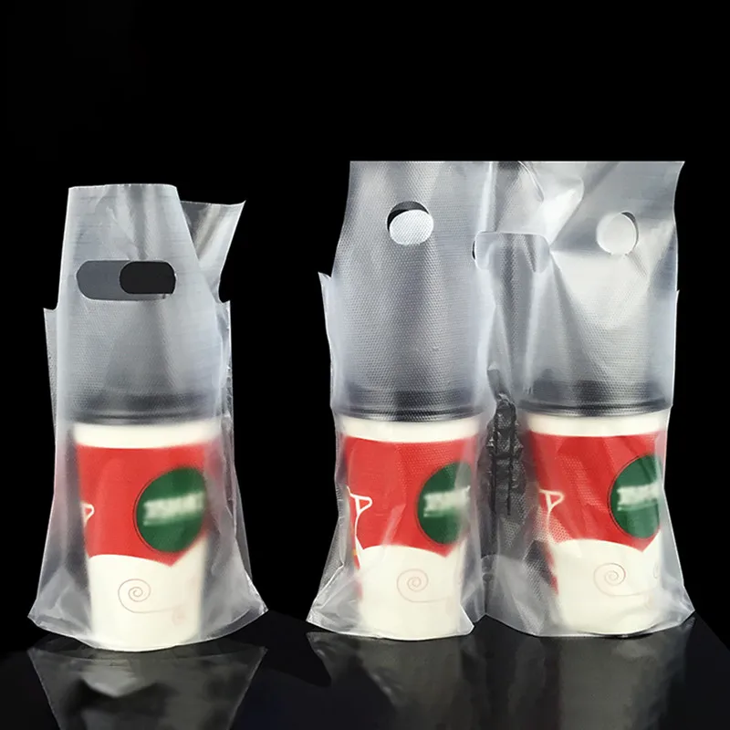 Disposable Reticule Cup Bag Hand Bag Packaging Coffee Doggy Bag Take-away Packing Tools Plastic Double Cup Carrier Handbag 50pcs