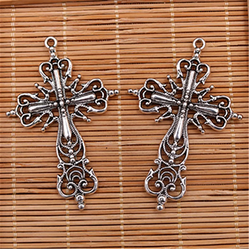 4pcs Antique Silver Color Metal Hollow Cross Charm Pendant Retro Bracelet Necklace DIY Handmade Jewelry Findings 65*42mm A1559