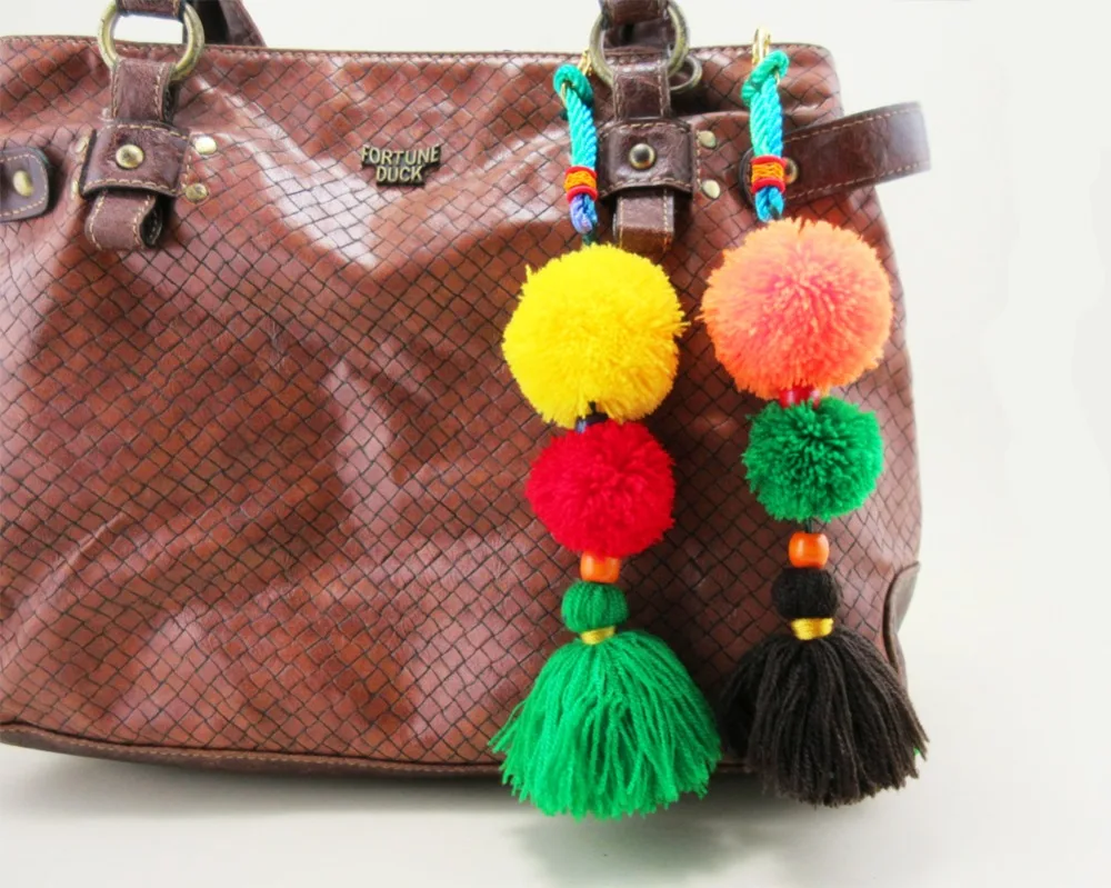 Handmade Bohemian key pom charm bag hanger Pom Pom trim of Thai Indian hmong hippie bag handbag accessories charm sp-002