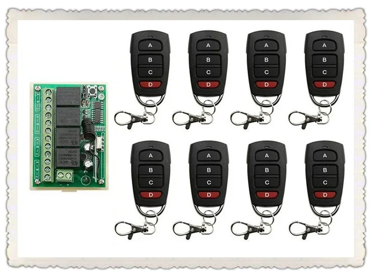 

JRLJEKEENew RF Wireless Remote Controller Relay Switch System teleswitch DC12V 4CH 1pcs Receiver& 8pcs Transmitter Toggle Moment