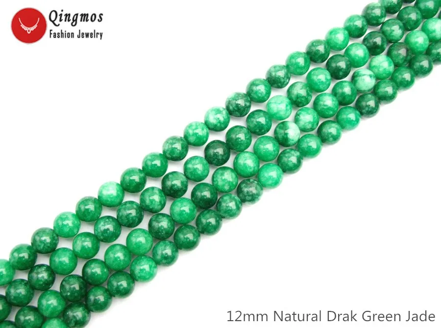 

Qingmos Natural 12mm Round Drak Green Jades Stone Loose Beads for Beadwork Necklace Bracelet Earring DIY 15" los812