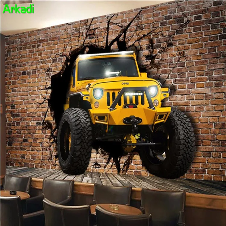 

3d mural living room wall wallpaper jeep car broken wall 3D personalized wallpaper decoration custom mural wallpaper ktv backgro