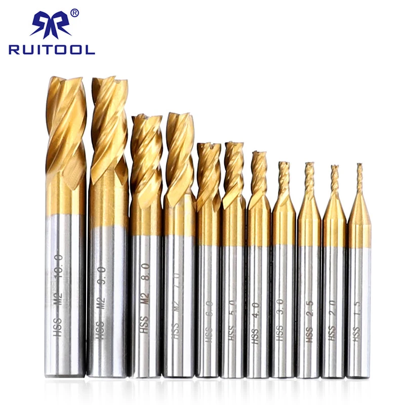 Milling Cutters Set 1.5-10mm CNC Router Bit Titanium HSS 4 Flutes Straight Shank End Mill Cutter Wood Steel Milling Tool