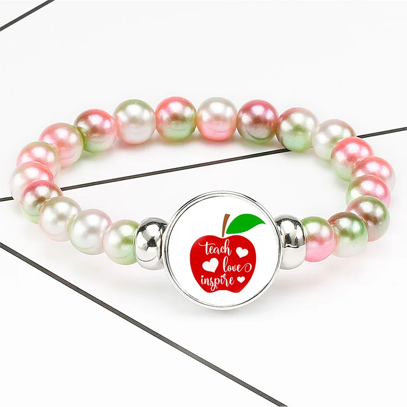 10PC Teach Love Inspire Charm Beaded Bracelet 18mm an apple for teacher bracelets Snap Holder Buttons Charms Jewelry Girls Boy