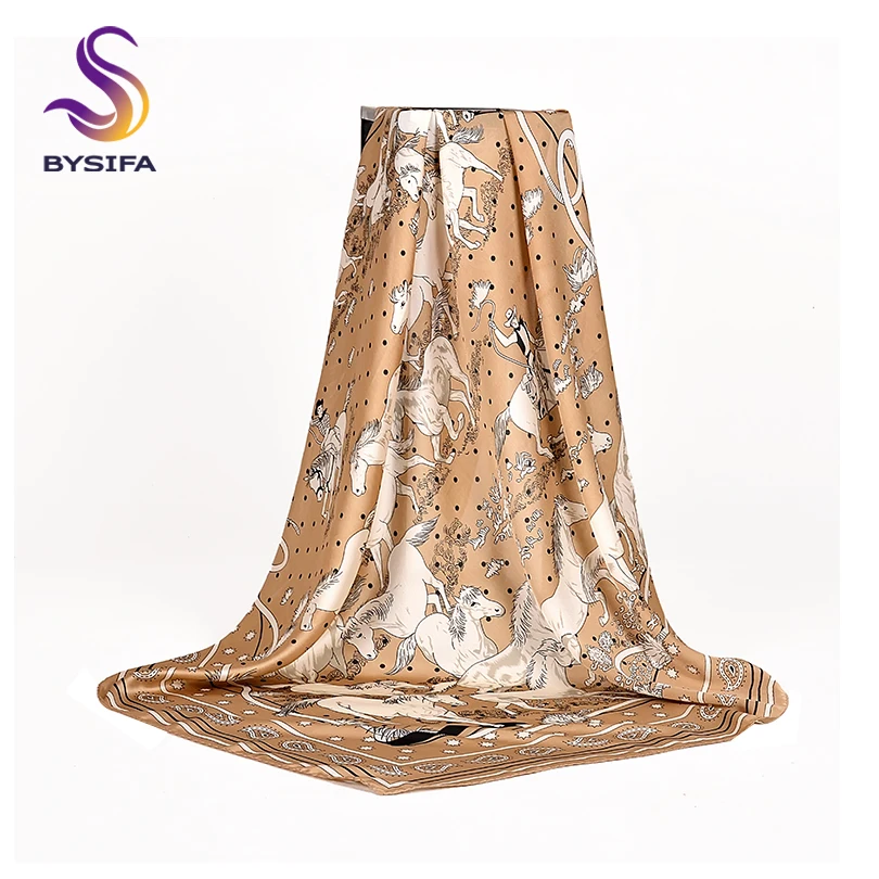 [BYSIFA] Khaki Ladies Satin Silk Scarf Shawl Fashion Brand Horse Design Large Square Scarves Foulard Top Grade Scarves 110*110cm