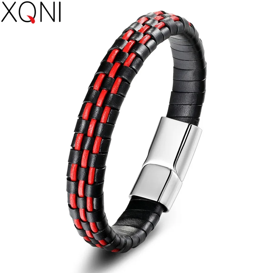 XQNI Mesh Shape Easy Hook Hip-Pop/Rock Style For Men Bracelet 3 Colors With Genuine Leather Bracelet&Bangle Christmas Present