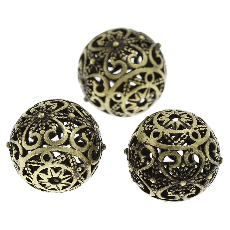 DoreenBeadsCopper Filigree Spacer Beads Round Antique Bronze Flower Hollow Carved DIY Making Jewelry About 17mmx16mm,1Piece