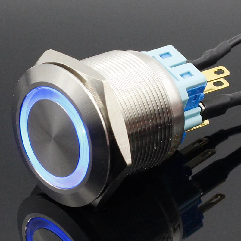 25mm 6V 12V 24V 220V Blue Ring Led Light Momentary/Locking Push Button Switch DPST Metal Industrial Boat Car DIY Switch