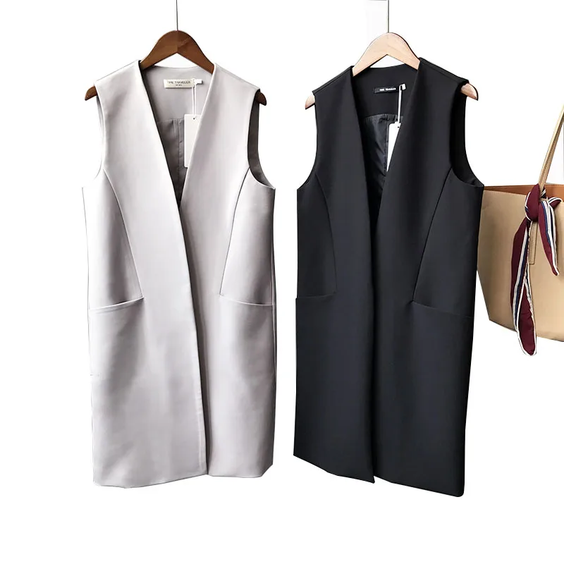 Casual Black Women's Vest Spring Elegant Long Coat Female Cardigan V-Neck Pocket Plus Size Waistcoat Ladies Sleeveless Jacket