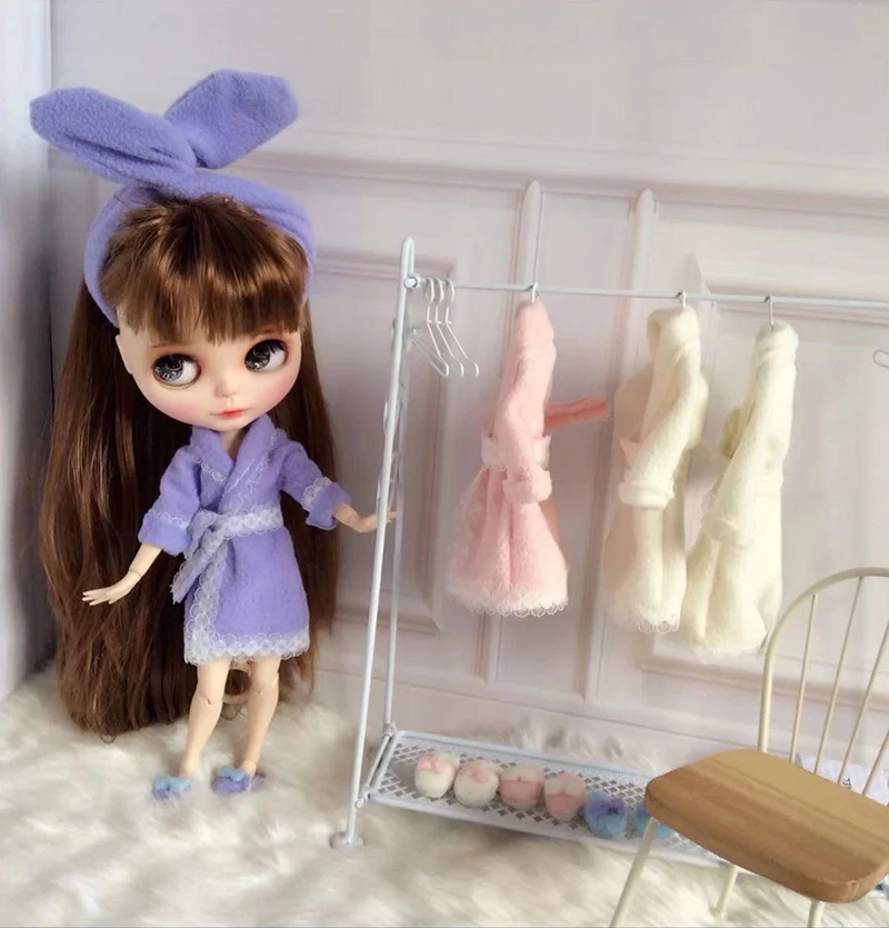 3PCS/Set Blyth Dolls clothing Night-gown 4 Colors Night-robe + Hairband + Plush Slipper for Blyth dolls accessories