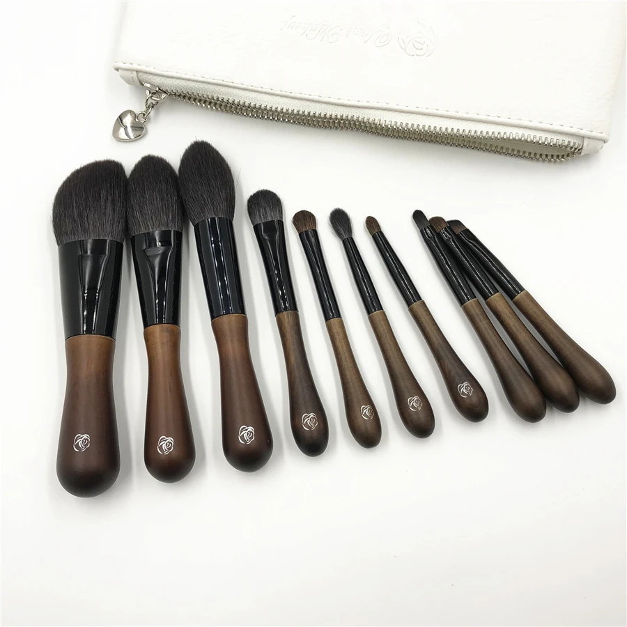 Goat Hair 10Pcs Makeup Brush Set Professional Wood Powder Blush Highlighter Eye Cosmetic Brush Kit with Bag Brochas Maquillaje