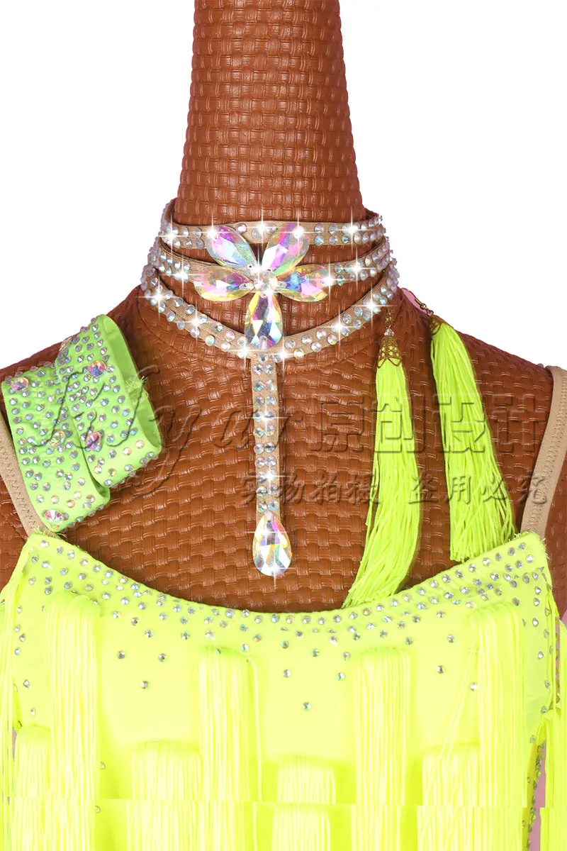 Vestido de baile latino para mujer, traje de competición con flecos, personalizado, amarillo fluorescente, borla inclinada