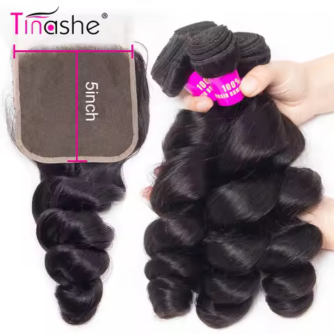 Tinashe 5x5 Lace Closure With Bundles Loose Wave Bundles With Closure Remy Brazilian Human Hair Weave 3 Bundles With Closure