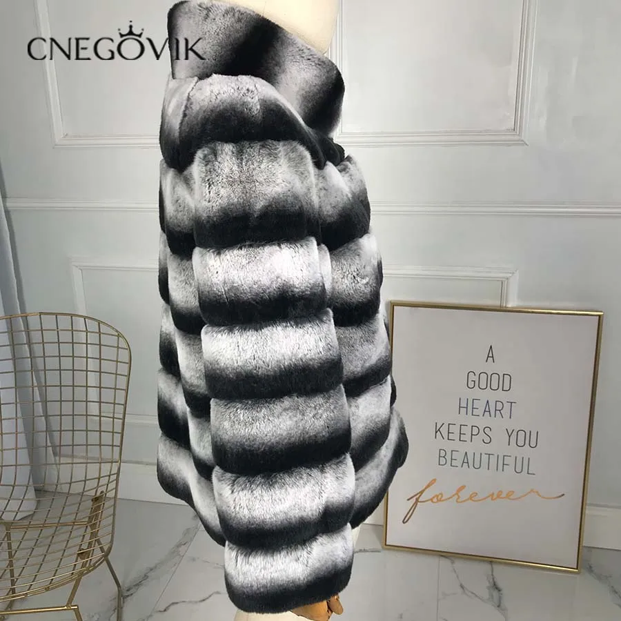 CNEGOVIK New Real Chinchilla Rex Rabbit Fur Coat With hood pattern midum-long style Genuine Rabbit Fur Overcoats Elegant Women