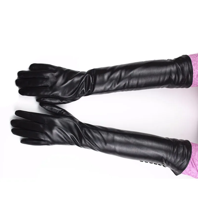 Guantes largos de piel de oveja para mujer, de piel auténtica, hasta el codo, estilo de botón a la moda, forro de terciopelo, calidez para otoño e invierno