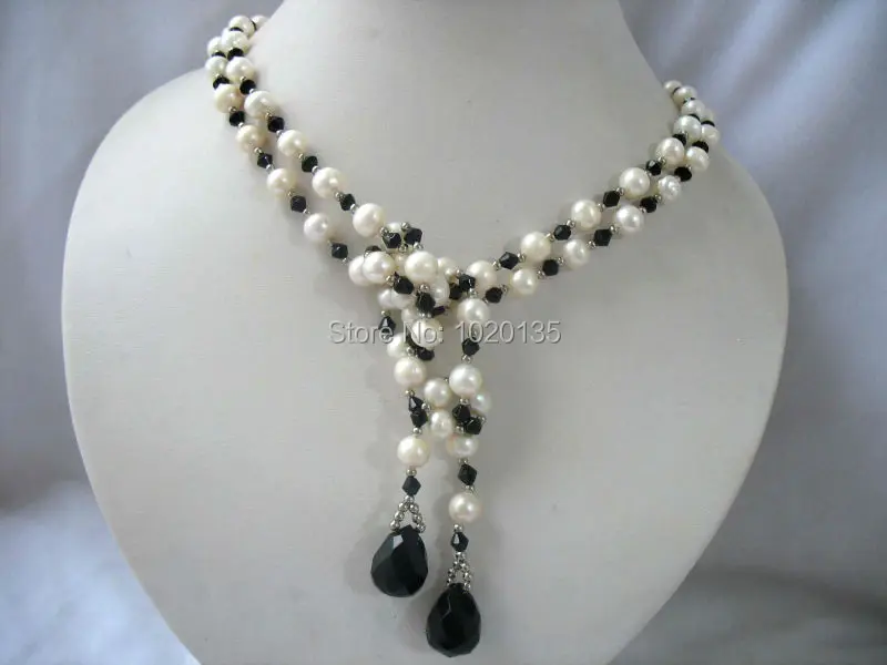 

freshwater pearl white near round and black quartz necklace 52" nature long wholesale bead gift FPPJ