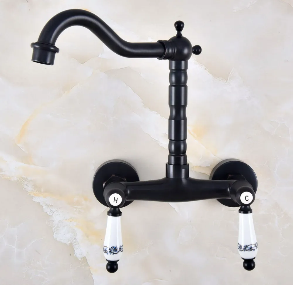 Kitchen Wet Bar Bathroom Vessel Sink Faucet Black Oil Rubbed Brass Wall Mounted Swivel Spout Mixer Tap Dual Ceramic Lever mnf827