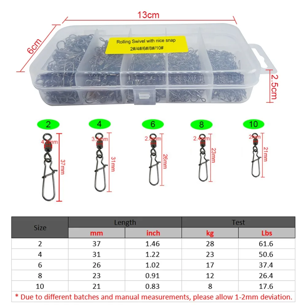 INFOF 250-pieces Fishing Swivels Snap Rolling Swivel with Nice Snap Hook Connector Fishing Kit Feeder Carp Fishing Equipment