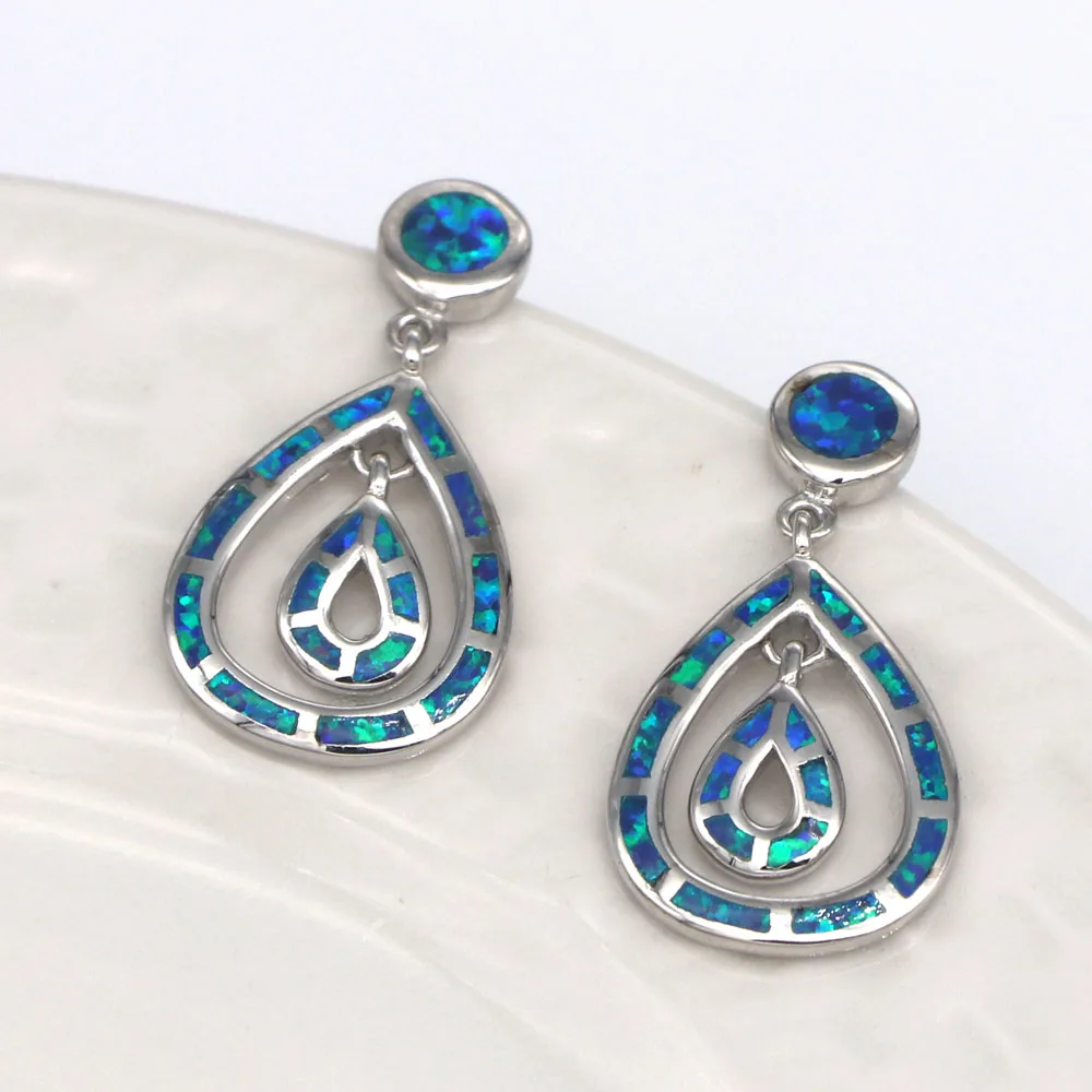 

JLE1097 New Elegant Double Water Drops Blue Fire Opal Earrings Sterling Silver 925 Silver Ladies Earrings Fashion