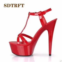 SDTRFT Plus:34-43 44 SUMMER Stilettos zapatos mujer Peep Toe sandals 15cm thin heels platform T-strap shoes woman wedding pumps