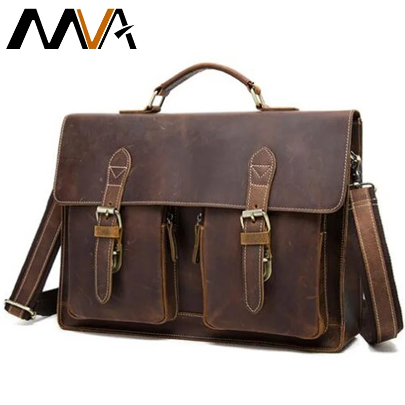 MVA Crazy Horse Leather Men Briefcases Genuine Leather Laptop Bag Men\'s Briefcases Office Bags for Men Messenger Bags 9033